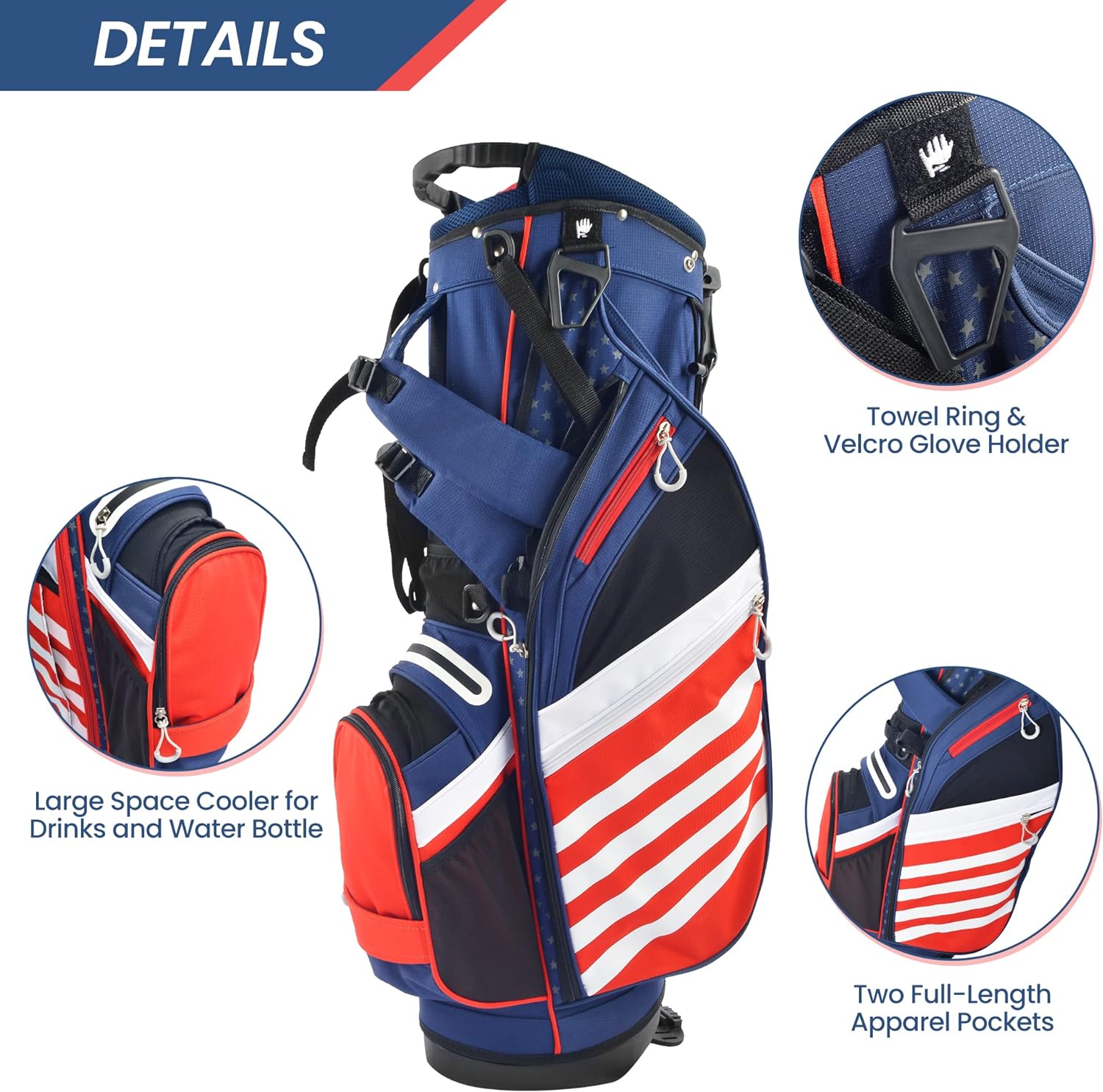 Golf Stand Bag, Lightweight 14 Way Top Dividers Golf Carry Bag with 8 Pockets, USA Stars & Stripes Golf Bag for Golf Club Golf Cart for Men & Women