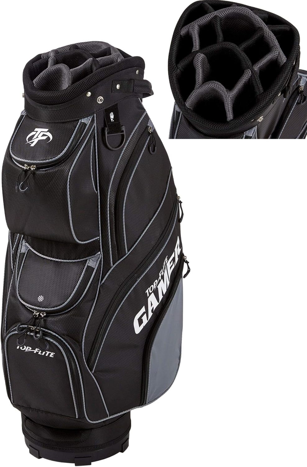 2019 Top-Flite Gamer Golf Cart Bag 14-Way Top 9 Pockets Mesh Carry Strap Beverage Cooling (Black)