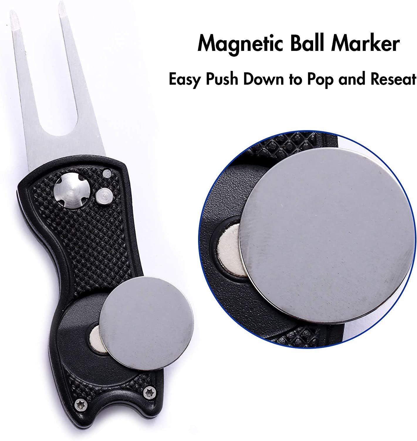 2 Pack Metal Foldable Golf Divot Tool with Pop-Up Button & Magnetic Ball Marker (Pack of 2, Fish Design)