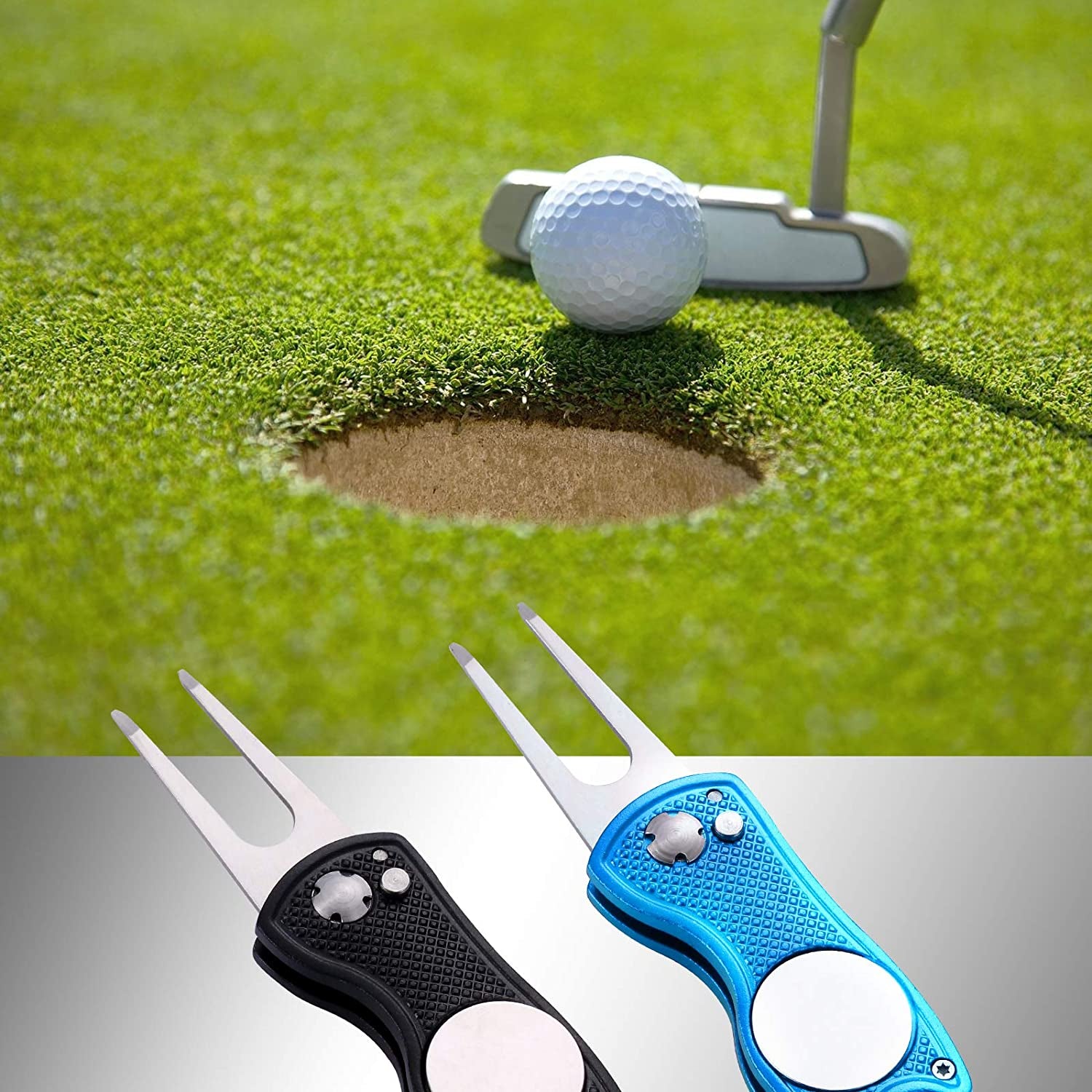 2 Pack Metal Foldable Golf Divot Tool with Pop-Up Button & Magnetic Ball Marker (Pack of 2, Fish Design)