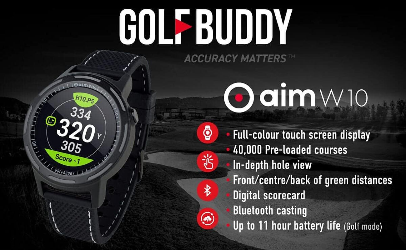 Aim W10 GPS Watch Aim W10 Golf GPS Watch with Red/White/Blue Wristband, Black, Medium