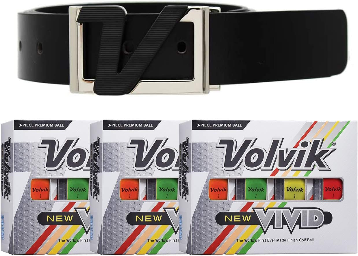 Volvik New Vivid 3-Piece High Visibility Premium Matte Finish Color Golf Balls 3 Dozen (36 Balls) Bundle with Genuine Italian Leather White Color Belt.