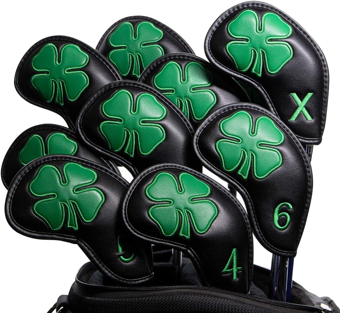 Golf Iron Covers,Golf Iron Head Covers Leather Golf Iron Covers Set 10Pcs Golf Iron Headcovers,Lucky Clover Golf Club Head Covers for Iron with Magic Tape Fit All Brands Titleist,Callaway,Ping