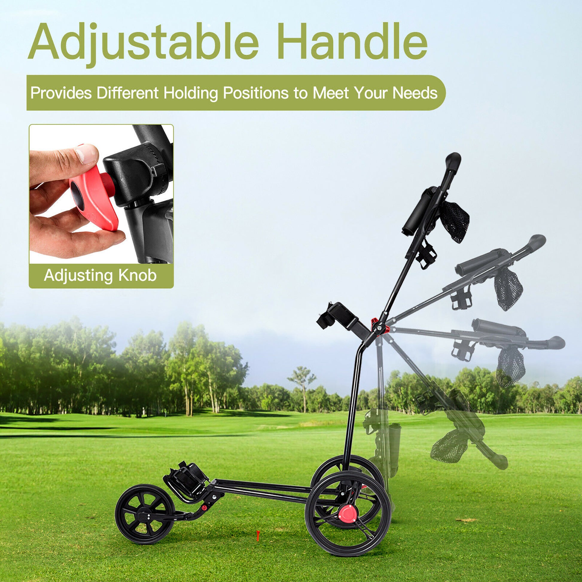 Foldable 3 Wheel Golf Pull Push Cart Trolley Scorecard Drink Holder Mesh Bag