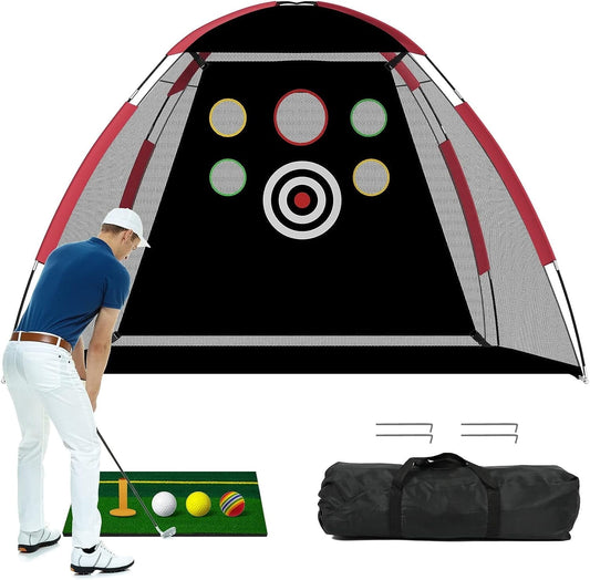 Golf Net with Hitting Mat, Golf Balls, Golf Tees, 10X7Ft Golf Practice Net W/ 3 Aim Golf Target, Portable Golf Training Net, Driving Net for Outdoor/Indoor/Backyard