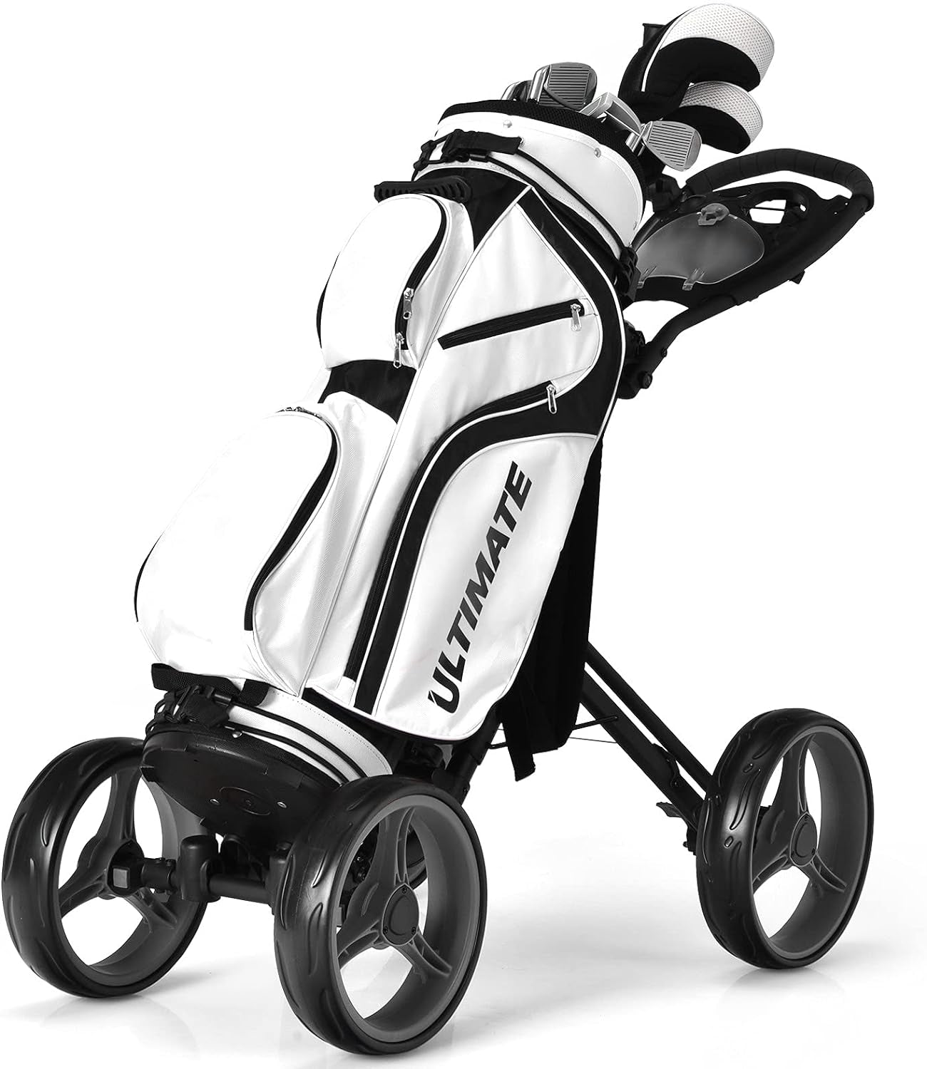 Golf Push Pull Cart, Lightweight Aluminum Collapsible Golf Push Cart with 4 Wheels, Golf Cart W/Upper/Lower Bracket, Umbrella & Cup Holder, Golf Trolley with Scoreboard Storage & Foot Brake