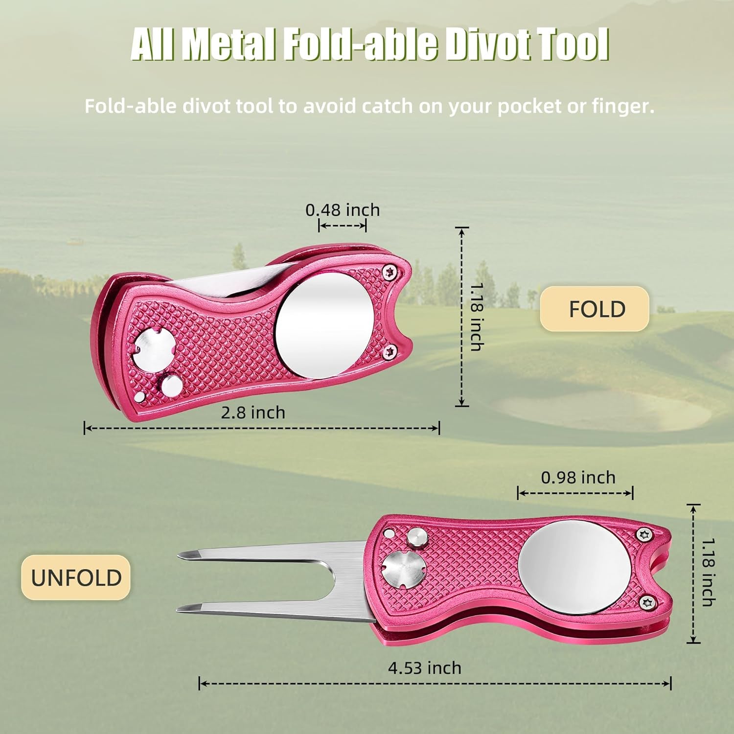 Golf Divot Repair Tool, All Metal Foldable Divot Tool with Pop-Up Button & Magnetic Ball Marker