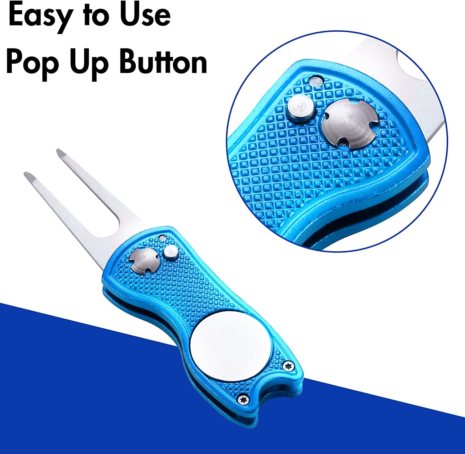 2 Pack Metal Foldable Golf Divot Tool with Pop-Up Button & Magnetic Ball Marker (Pack of 2, Fish Design)