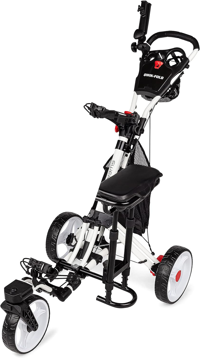 Swerve 3 Wheel Push Pull Golf Cart with Seat for Walking Free Umbrella Holder and Storage Bag