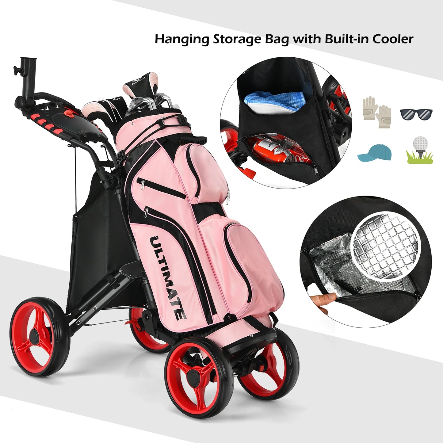 Goplus Folding 4 Wheels Golf Push Cart W/Bag Scoreboard Adjustable Handle Red