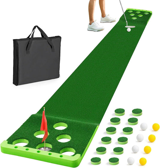 Golf Pong Putting Game Set with Front Border for Indoor&Outdoor, Golf Putting Green Mat Includes 8Pcs Golf Balls & Portable Bag,Golf Putting Practice Training Aid for Backyard,Party,Office