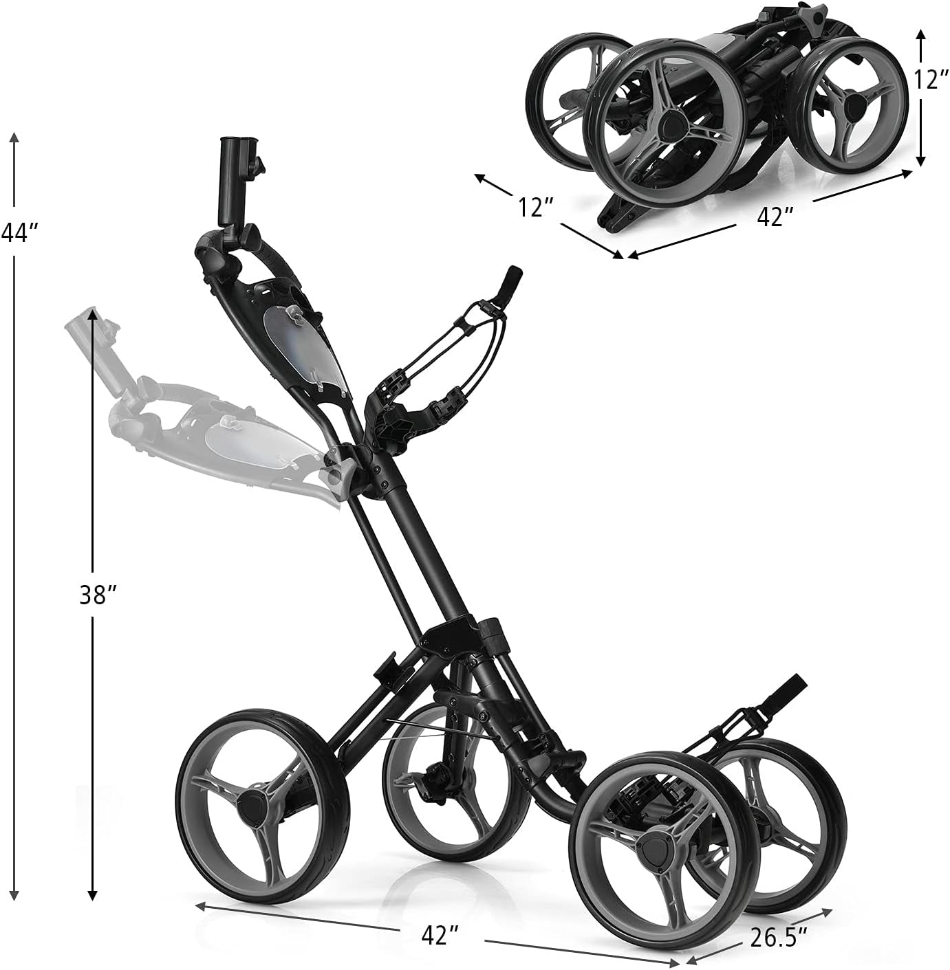 Golf Push Pull Cart, Lightweight Aluminum Collapsible Golf Push Cart with 4 Wheels, Golf Cart W/Upper/Lower Bracket, Umbrella & Cup Holder, Golf Trolley with Scoreboard Storage & Foot Brake