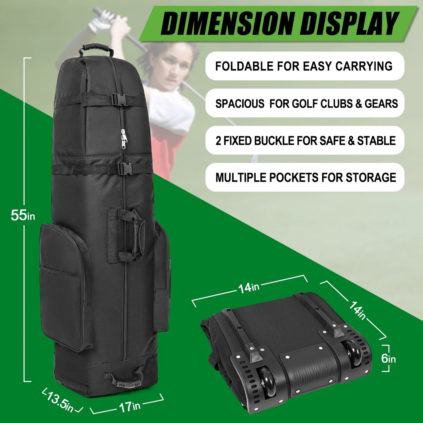 Golf Travel Bag with Wheels，1200D Heavy Duty Oxford Wear-Resistant，Portable Golf Club Travel Cover Perfect for Airlines