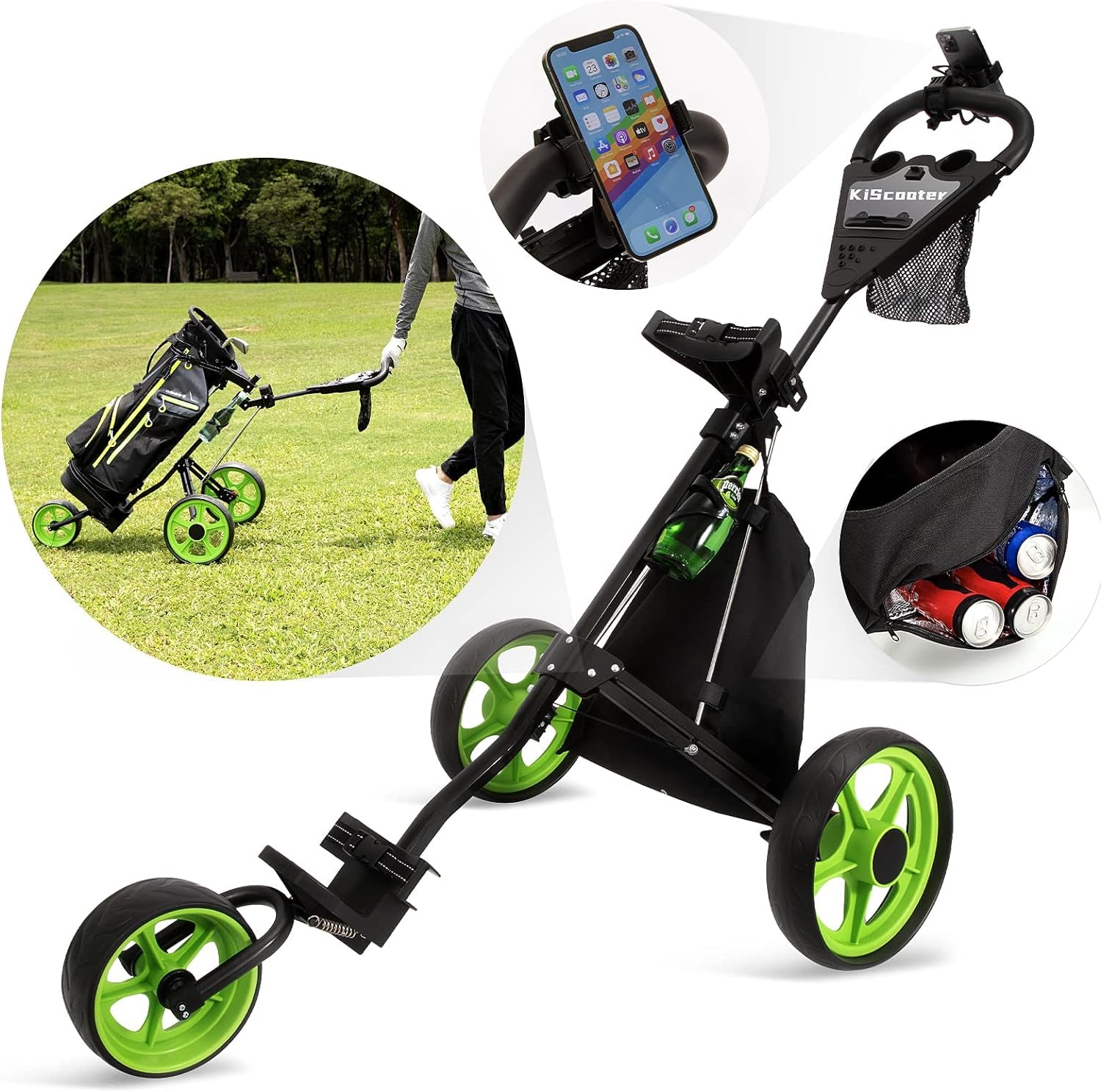 Golf Push Cart, Lightweight Collapsible 3 Wheels Golf Cart,Golf Carts with Scoreboard Bag Foot Brake, Cup & Mobile Phone Holder Golf Bag Cart.