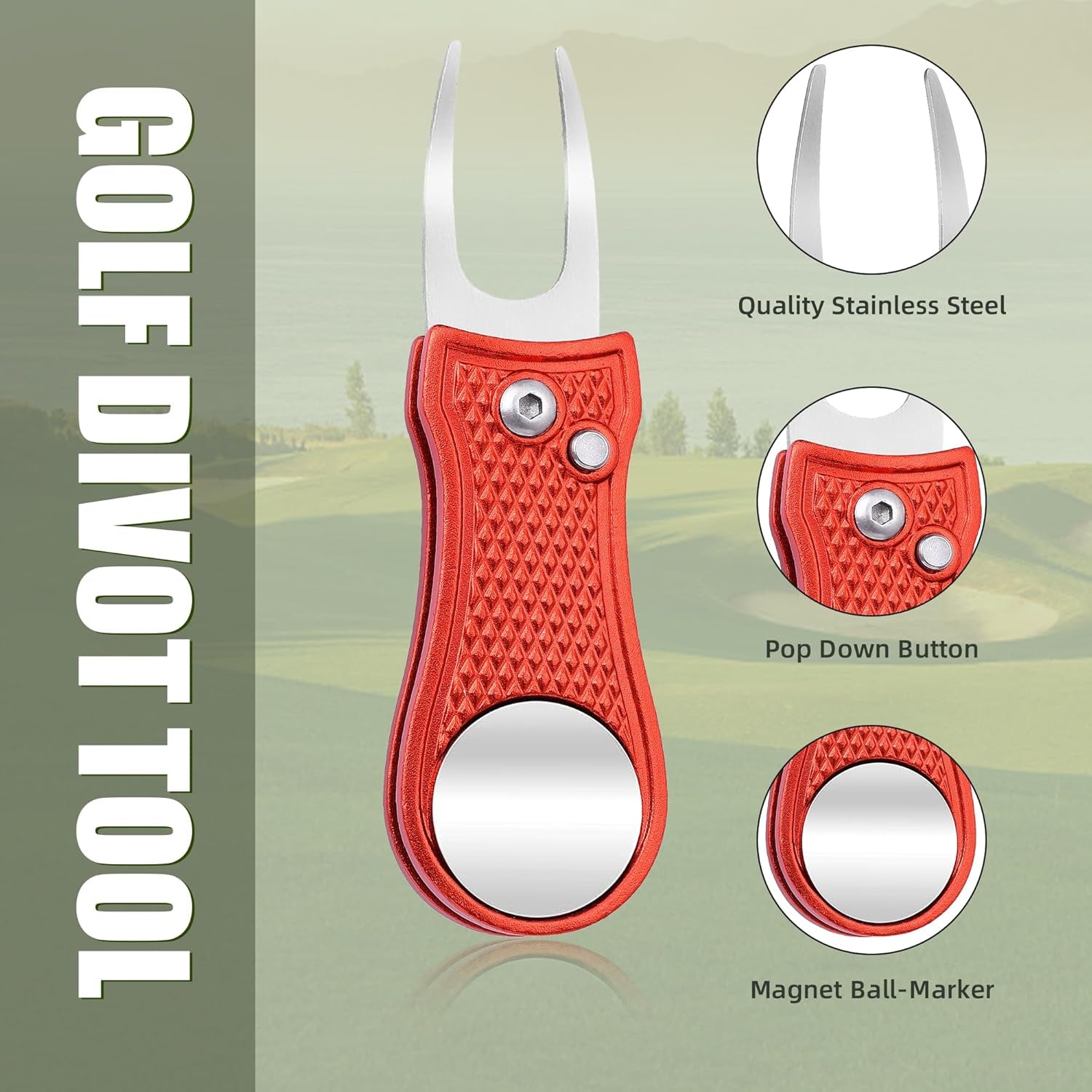 Golf Divot Repair Tool, All Metal Foldable Divot Tool with Pop-Up Button & Magnetic Ball Marker