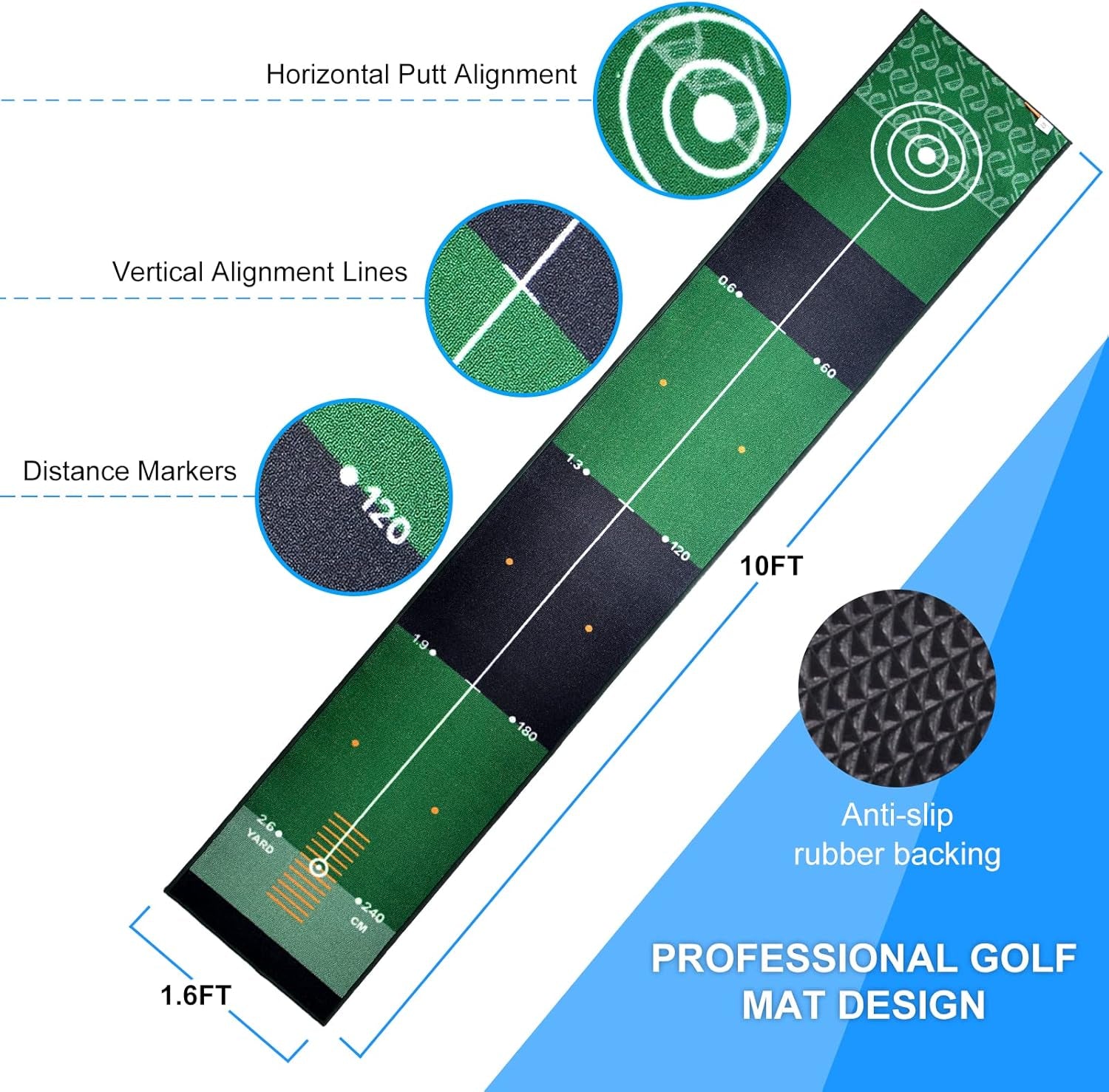 Golf Putting Mat, Golf Putting Mats, 10X1.6Ft Golf Putting Practice Aid, Professional Golf Training Putting Mat for Home Office Outdoor