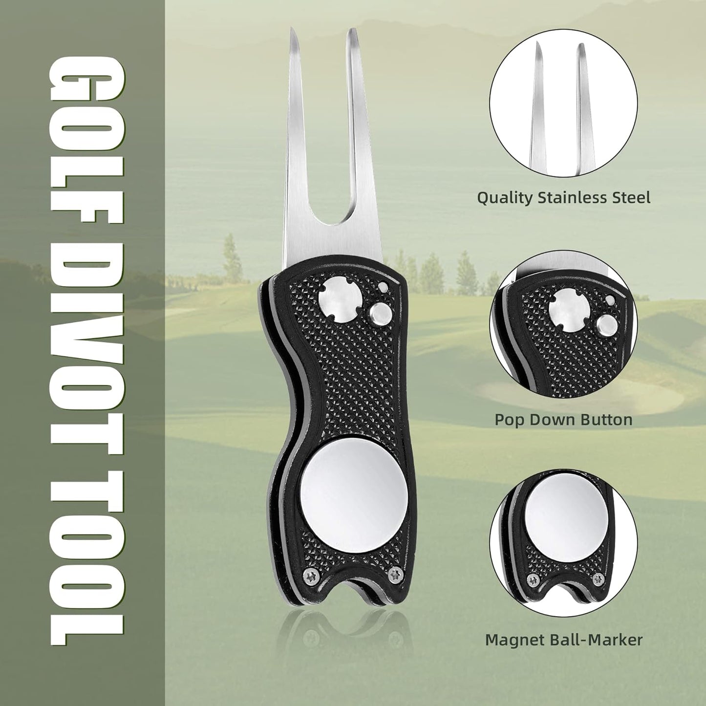 Golf Divot Repair Tool, All Metal Foldable Divot Tool with Pop-Up Button & Magnetic Ball Marker