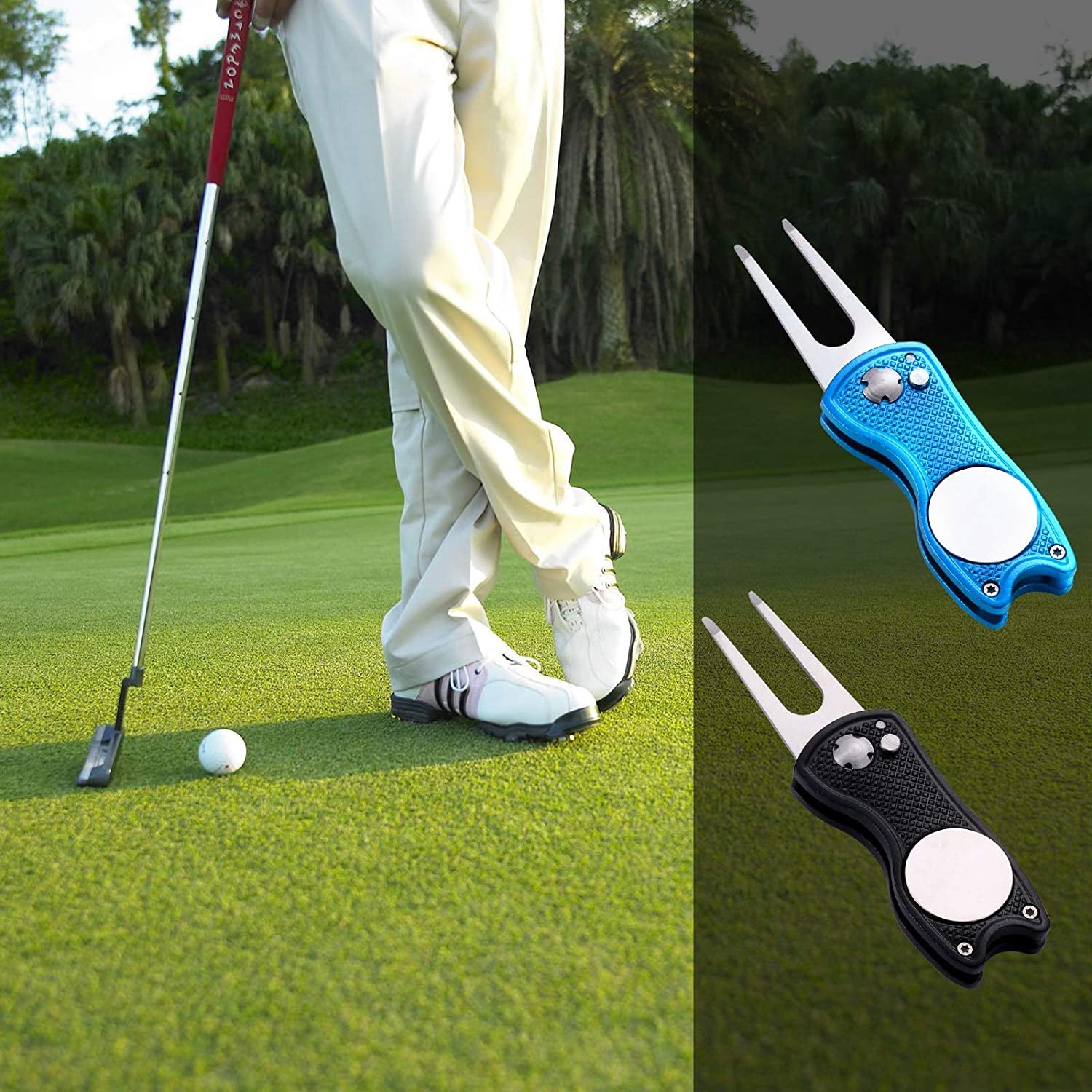 2 Pack Metal Foldable Golf Divot Tool with Pop-Up Button & Magnetic Ball Marker (Pack of 2, Fish Design)