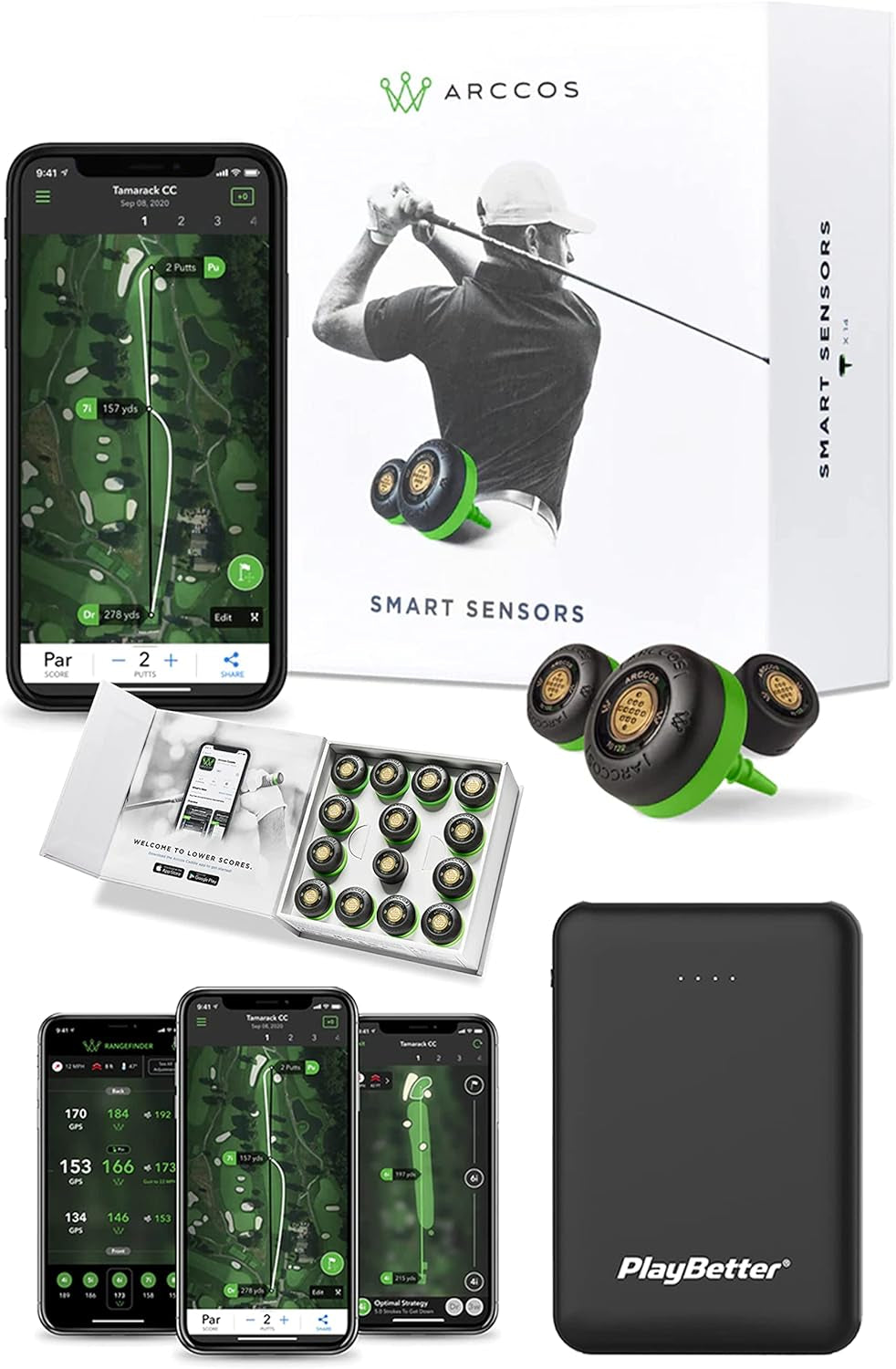 Arccos Caddie Smart Sensors 3Rd Gen+ Power Bundle with  Portable Charger - Set of 14 Golf Shot Tracker System - A.I. Powered Rangefinder - on Course Swing Analyzer for Every Club