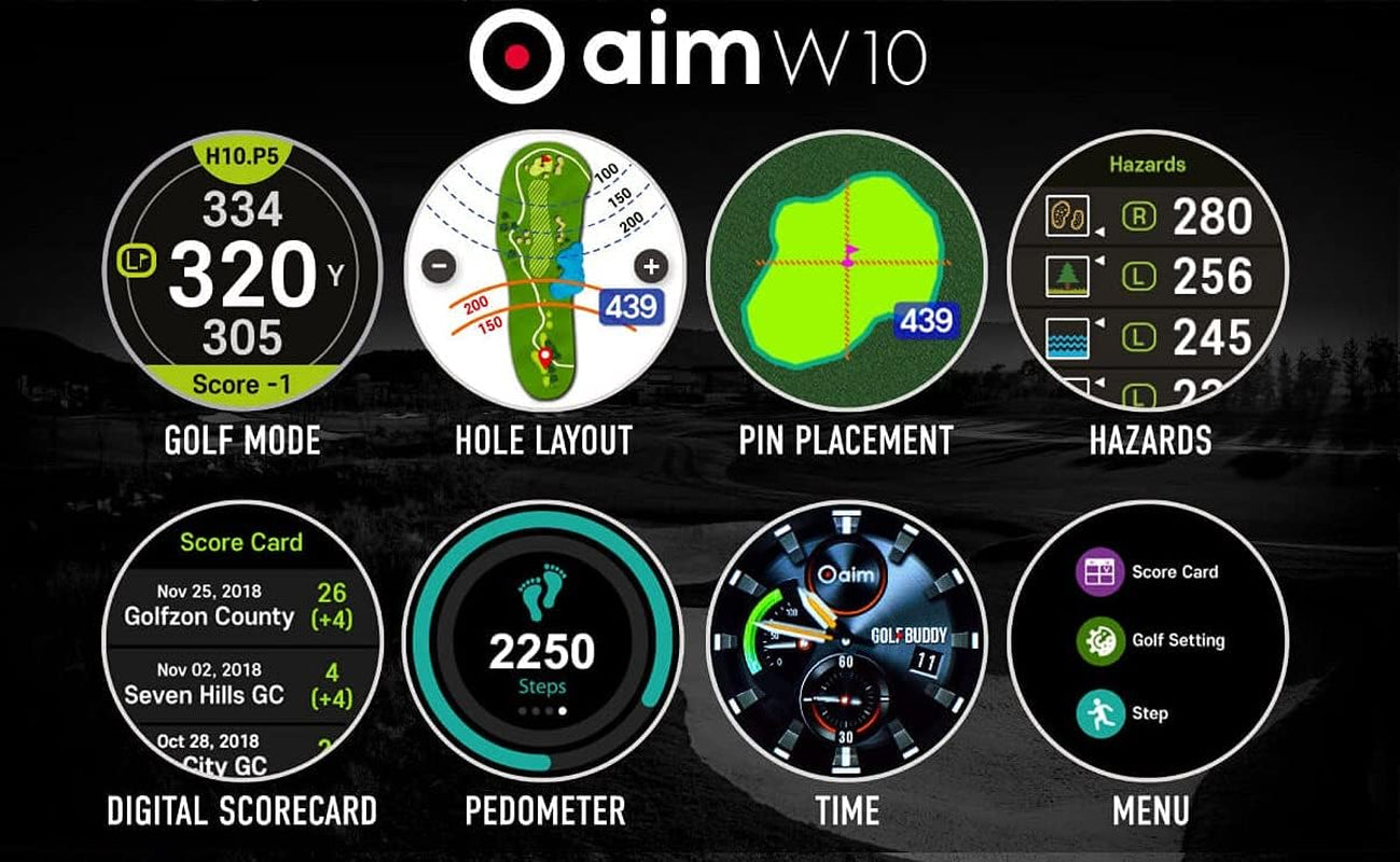 Aim W10 GPS Watch Aim W10 Golf GPS Watch with Red/White/Blue Wristband, Black, Medium