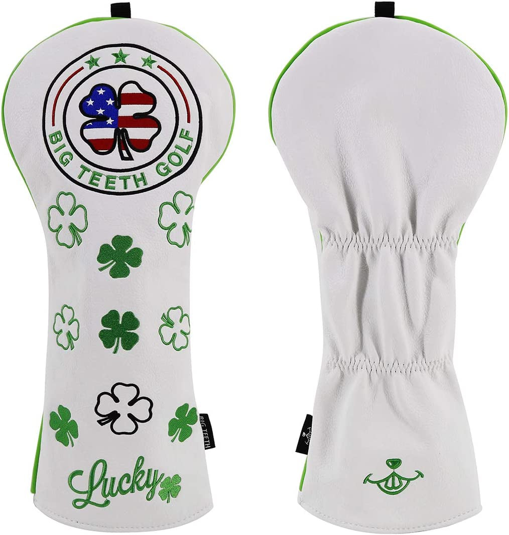 Golf Cover Lucky Clover Headcover Covers, Driver Fairway Wood Hybrid Headcovers Fits Blade Mallet Putter Iron and Woods with Magnetic White Shamrock Head Club Protector Leather