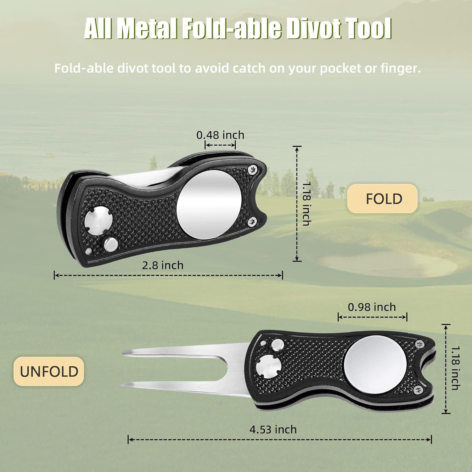 Golf Divot Repair Tool, All Metal Foldable Divot Tool with Pop-Up Button & Magnetic Ball Marker