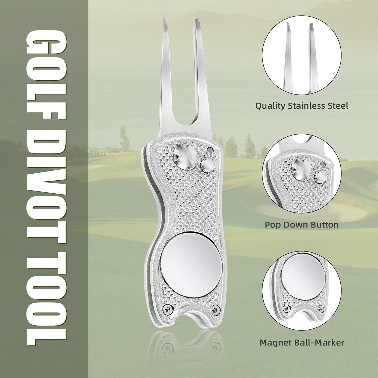 Golf Divot Repair Tool, All Metal Foldable Divot Tool with Pop-Up Button & Magnetic Ball Marker