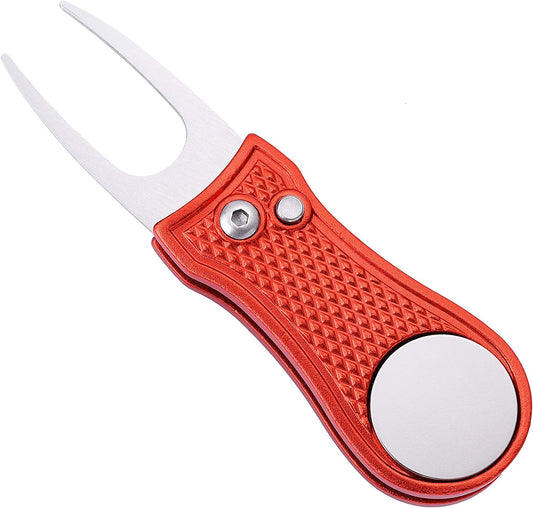 Golf Divot Repair Tool, All Metal Foldable Divot Tool with Pop-Up Button & Magnetic Ball Marker