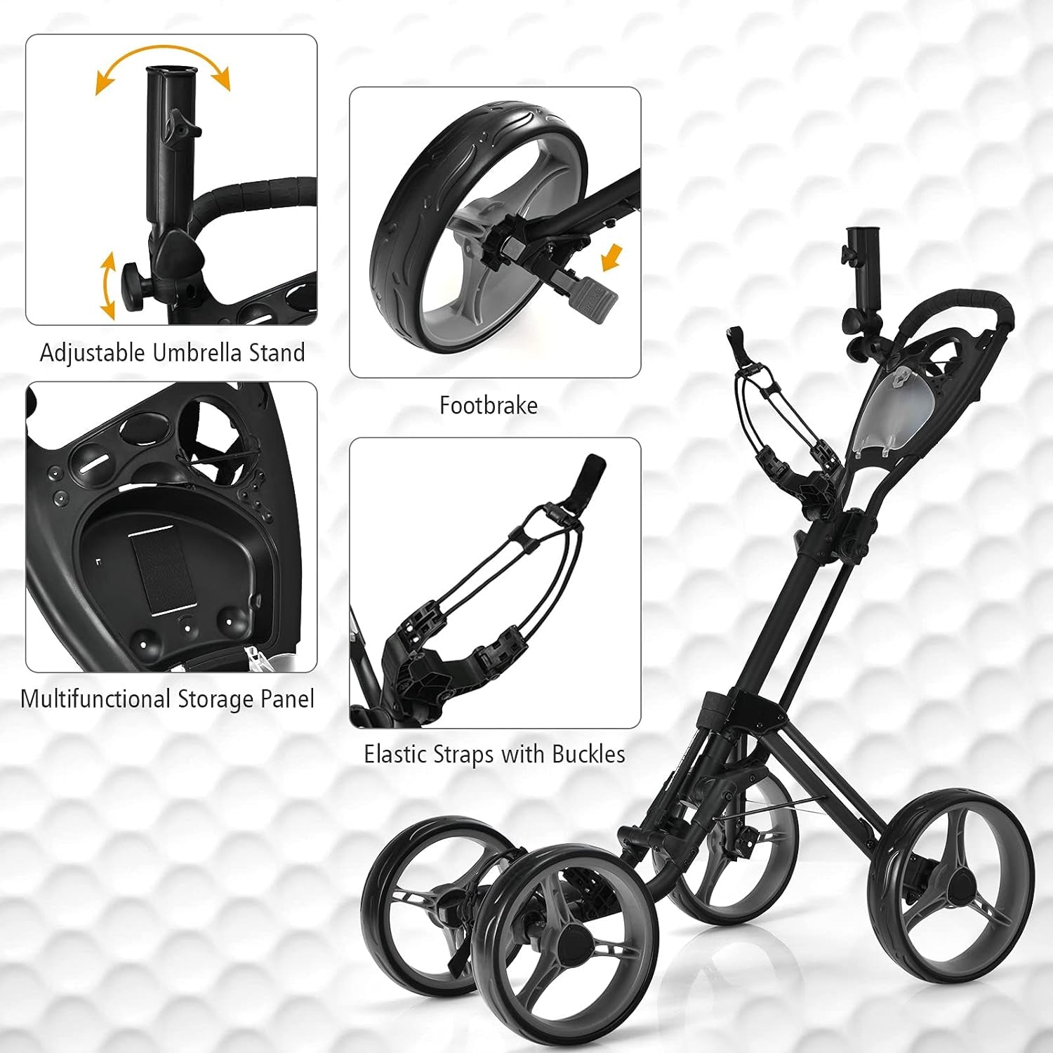 Golf Push Pull Cart, Lightweight Aluminum Collapsible Golf Push Cart with 4 Wheels, Golf Cart W/Upper/Lower Bracket, Umbrella & Cup Holder, Golf Trolley with Scoreboard Storage & Foot Brake