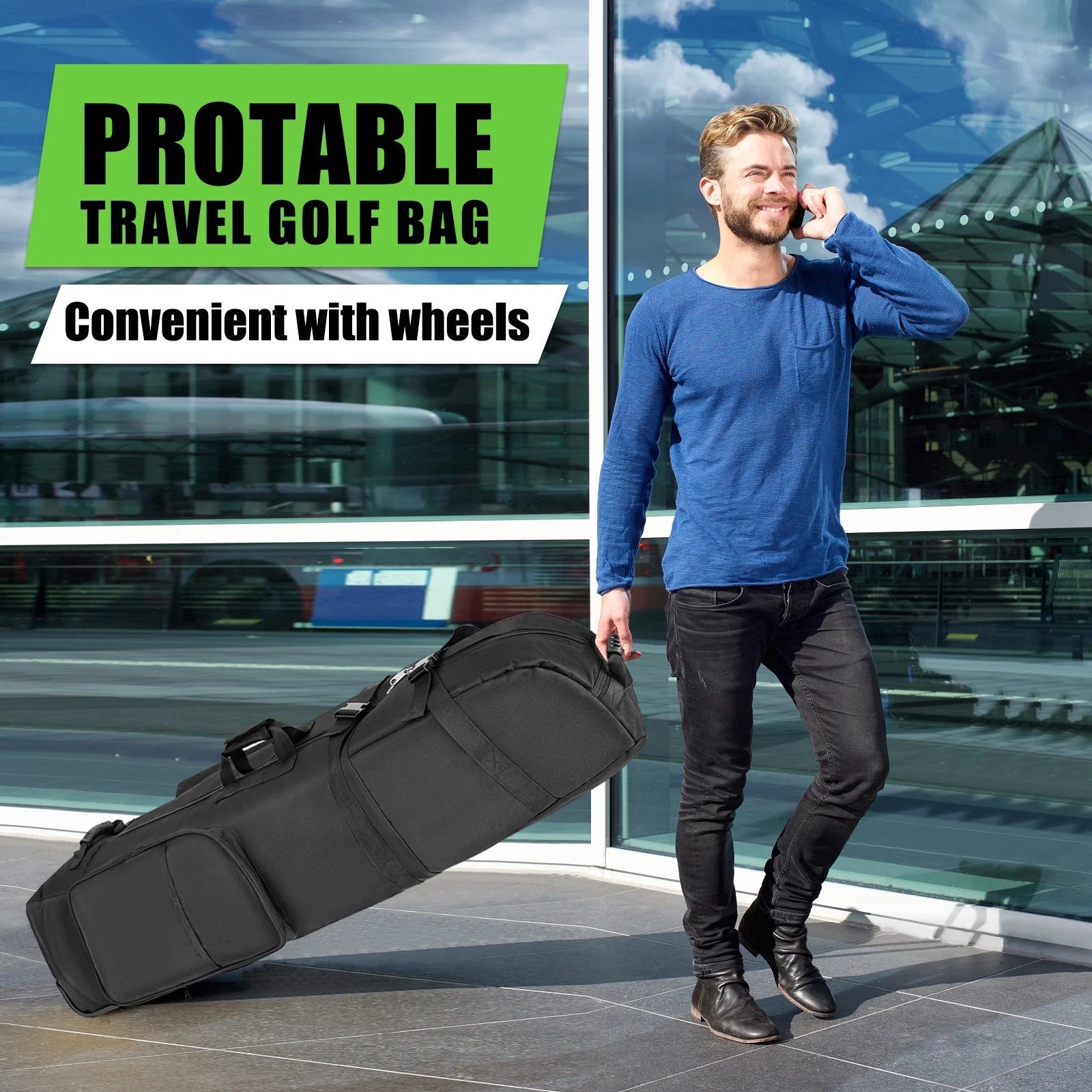 Golf Travel Bag with Wheels，1200D Heavy Duty Oxford Wear-Resistant，Portable Golf Club Travel Cover Perfect for Airlines