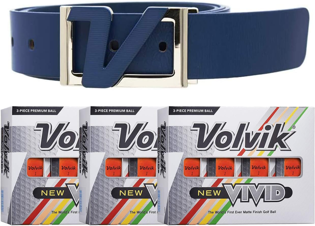 Volvik New Vivid 3-Piece High Visibility Premium Matte Finish Color Golf Balls 3 Dozen (36 Balls) Bundle with Genuine Italian Leather White Color Belt.